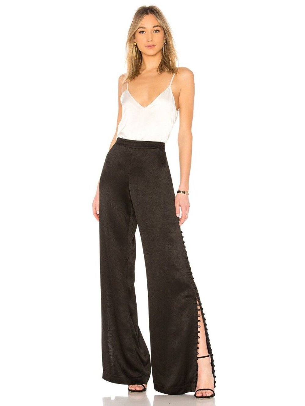 ALEXIS Belda Pants Black L Wide Leg Side Slit Satin